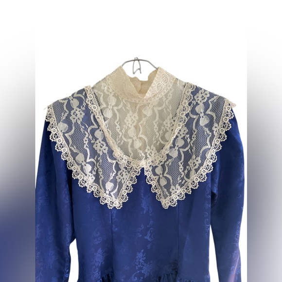 Gunne Sax • Jessica McClintock Vintage Prairie Dress Lace Smock Neck Long Sleeve - Picture 4 of 11